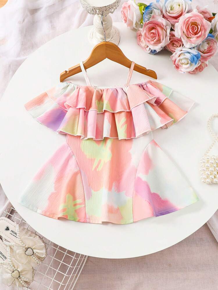 Baby Girl Tie-Dye Spaghetti Strap Dress With Ruffles, Party & Vacation Style, Cute And Fashionable, Summer