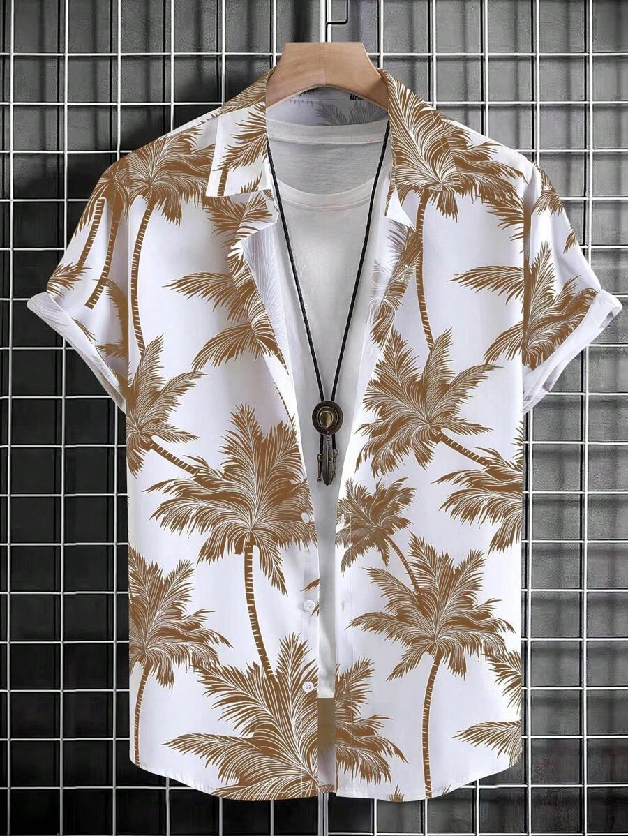 Men's Random Palm Tree Printed Shirt For Spring/Summer - Yellow - View 1