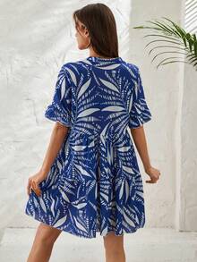 EURMUSE Rochie de vară cu imprimeu peste tot, cu mâneci cu volane - Albastru - Vizualizare 2