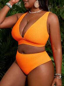 SHEIN Slayr Plus Size Women's Fashion Cross Strap Backless Bikini Bathing Suit Set Summer - Burnt Orange - View 3
