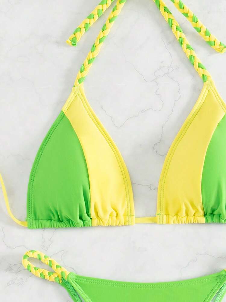 Women's Summer Beach Color Block Halter Neck Tie Sexy Bikini Set