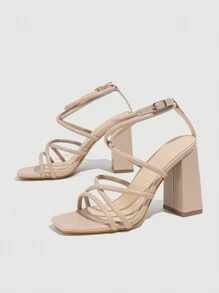 女士方头系带扣皮革凉鞋，透气，适合夏季散步，百搭粗跟高跟鞋 - 杏色 - 查看 3