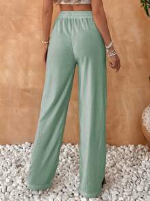 EURMUSE Women's Summer Solid Color High Waist Drawstring Waist Linen Wide Leg Pants - Hijau - View 2