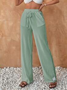 EURMUSE Women's Summer Solid Color High Waist Drawstring Waist Linen Wide Leg Pants - Hijau - View 5