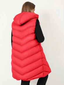RueChic Plus Zip Up Drawstring Hooded Puffer Vest Coat - Red - View 2