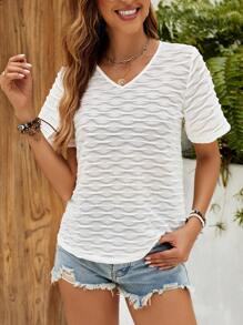 Chiquease Ladies Summer Solid Color V-Neck Short Sleeve Casual T-Shirt - White - View 3