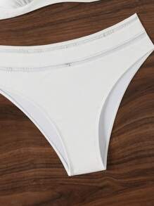 SHEIN Swim 女士夏季海灘純色荷葉邊性感比基尼套裝 - 白色 - 查看 5