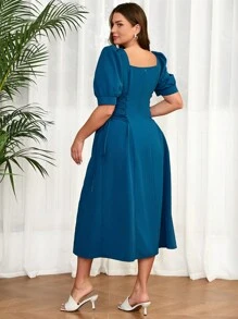 Mulvari Vestido de fiesta de talla grande con mangas abullonadas, escote cuadrado, botón de una sola  y correas para ajustar - Azul - Ver 4
