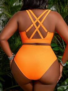 SHEIN Slayr Plus Size Women's Fashion Cross Strap Backless Bikini Bathing Suit Set Summer - Burnt Orange - View 1