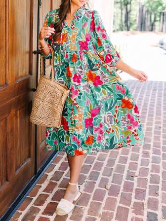 Women's Random Plant & Flower Printed Vacation Casual Dress