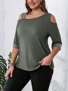 EMERY ROSE Plus Size Women's Summer Asymmetrical Neckline Half Sleeve Casual T-Shirt With Rhinestone Decoration - Dark Green - View 1