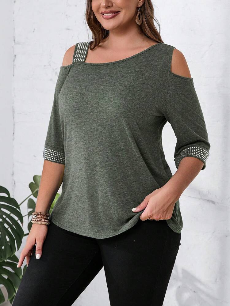 Plus Size Women's Summer Asymmetrical Neckline Half Sleeve Casual T-Shirt With Rhinestone Decoration