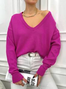 EURMUSE Maglione Donna A Collo A V Con Spalle Scese In Tinta Unita - Rosa - Visualizzare 4