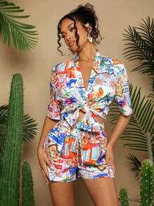 Travachic Women's Drop Shoulder Blouse And Shorts Casual Vacation Printed Set, Summer - Multicolor - View 6