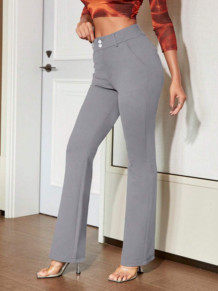 Apperloth A Quần ống loe dáng ôm, cạp cao, cài hai nút, túi xéo, thanh lịch, thích hợp cho mùa xuân. - Xám - Xem 1