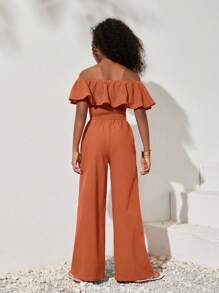 SHEIN Tween Girl Casual Spring/Summer Woven Solid Color Off Shoulder Top And Loose Pants Set