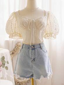 Soleia WYWH度假女士白色氣泡袖接口蕾絲刺繡襯衫 - 白色 - 查看 1