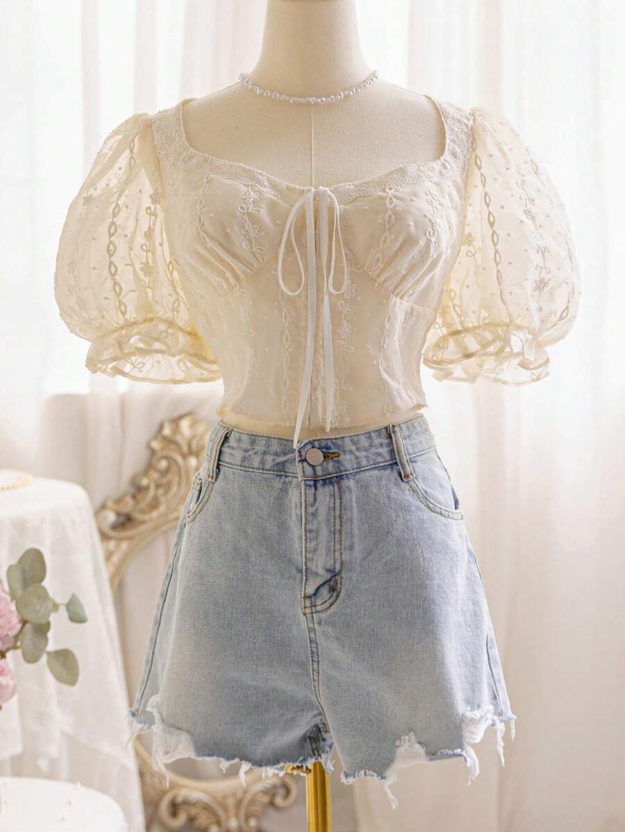 Soleia WYWH度假女士白色氣泡袖接口蕾絲刺繡襯衫 - 白色 - 查看 1