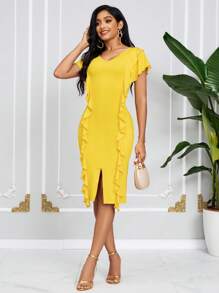 SHEIN Lady Vestido de verano amarillo para mujer, vestido de falda con ribete de volantes divididos - Amarillo - Ver 4