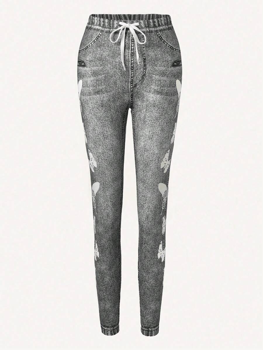 SHEIN LUNE Damskie obcisłe legginsy ze sznurkiem i nadrukiem w motyle - Szary - Zobacz 1