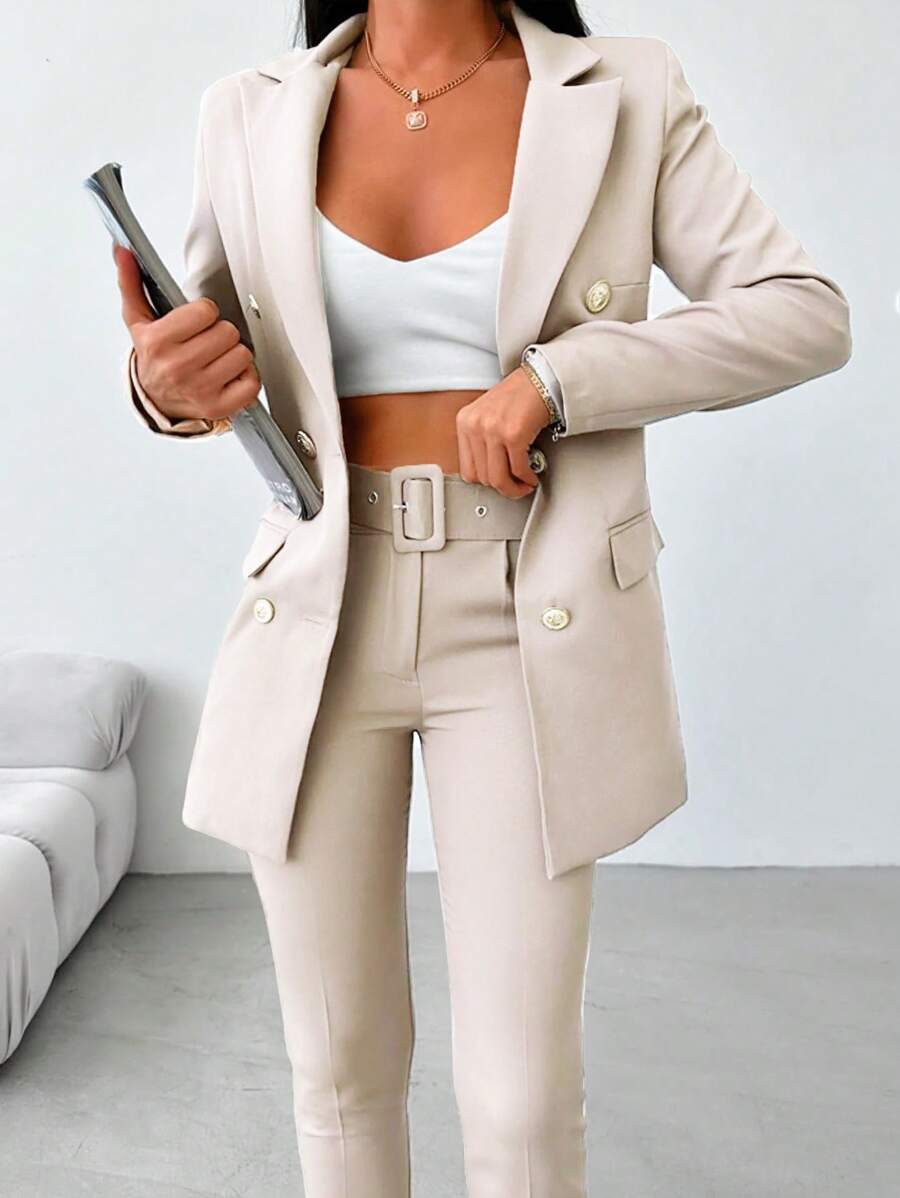 EURMUSE 雙排釦西裝外套&腰帶長褲 - 杏色 - 查看 1