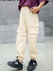 Tween Boy Zipper Design Pocket Decor Casual Daily Wear Pants - Khaki - View 5