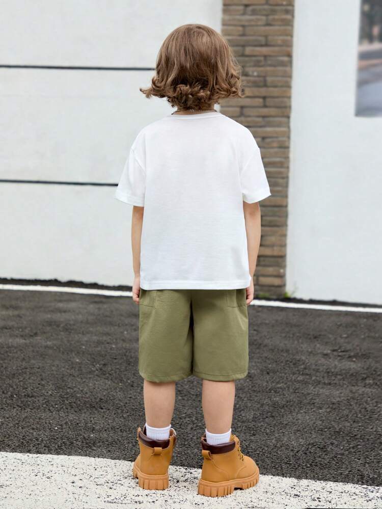 2pcs Boys Casual Comfortable Short Sleeve T-Shirt And Denim Shorts Outfit, Suitable For Outdoor Play, Daily Wear, School And Summer