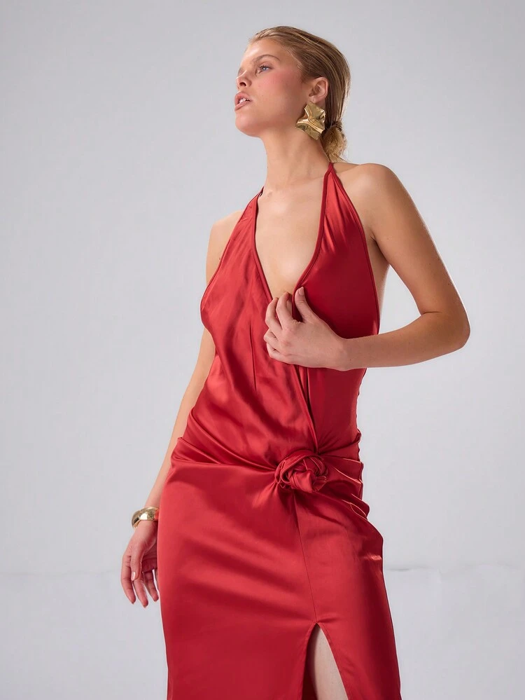 Satin Knot Front Maxi Dress Sexy Cute Spring Summer Party Going Out Vacation Holiday Long Dress Elegant Graduation Prom