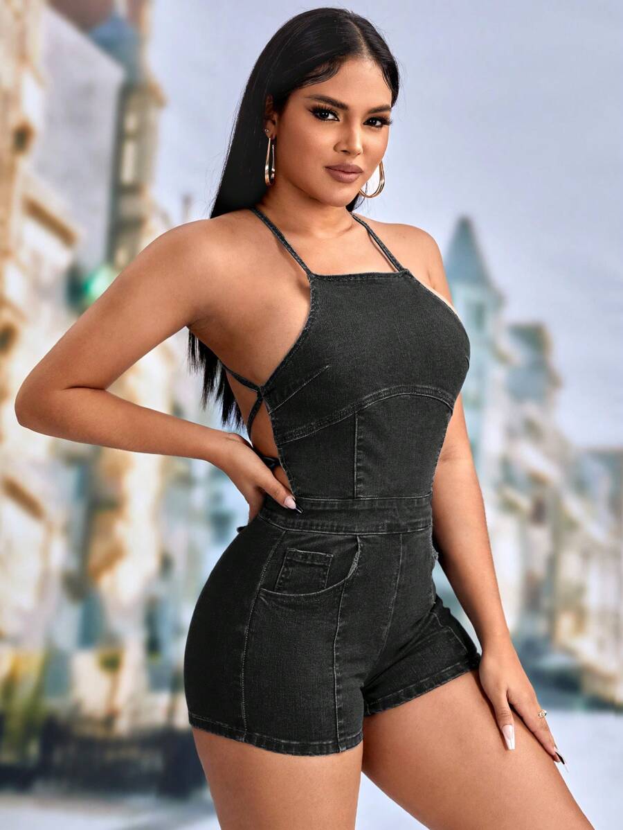 SHEIN SXY 夏季性感背心連領口修身迷你牛仔連身褲 - 黑色 - 查看 1