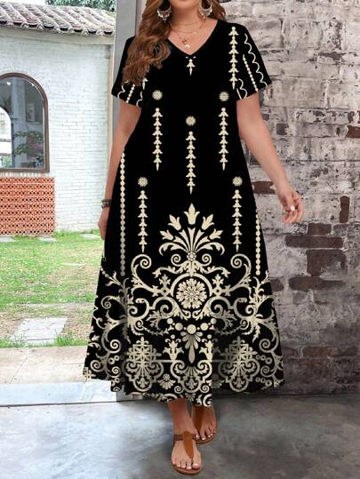 LONESS Women's Plus Size Boho Casual Retro Printed Dress For Summer