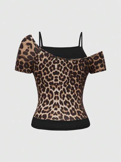 Grunge Punk Grunge Leopard Print Music Festival Style Color Block Oversized Women's T-Shirt, School