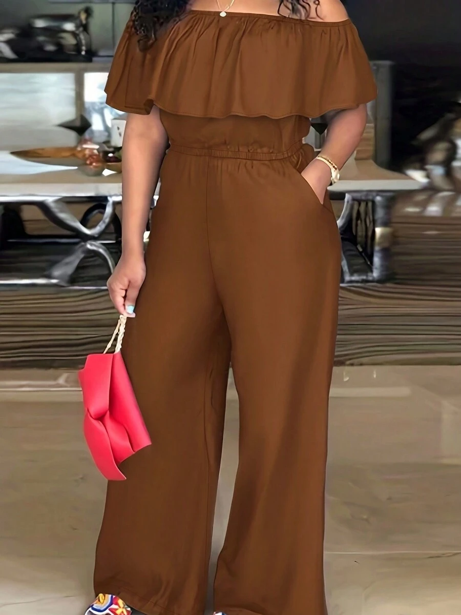 Women's Summer Casual Solid Color Ruffle Off-Shoulder Wide Leg Jumpsuit, Elegant Boho - Brown - View 1