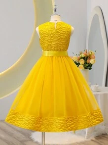 SHEIN Glamorique Kids 少女純色V領刺繡網紗無袖連衣裙 - 黃色 - 查看 2