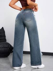 SHEIN EZwear 女式侧条纹宽腿宽松休闲牛仔裤，带口袋，女式纽扣，口袋，拉链，低腰直筒长蓝色，粘胶曲线宽松女式牛仔裤，春/秋，休闲日常穿着 - 藍色 - 查看 4