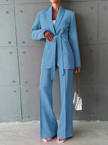 EURMUSE 女式純色簡約日常套裝 - 淺藍色 - 查看 1