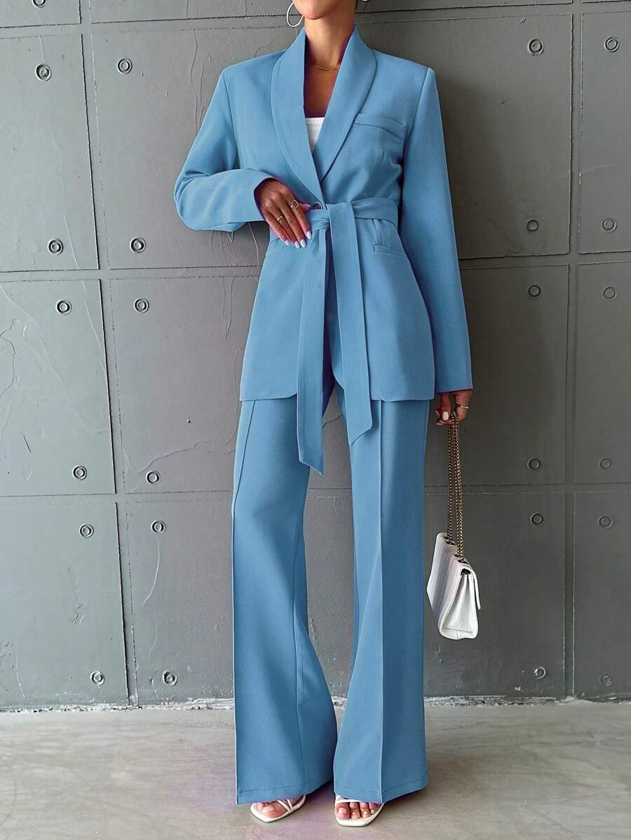 EURMUSE 女式純色簡約日常套裝 - 淺藍色 - 查看 1