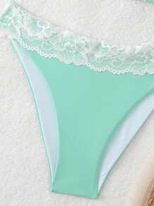SHEIN Swim Women's Summer Beach Solid Color Lace Spliced Halter Neck Tie Sexy Bikini Set - Mint Blue - View 3