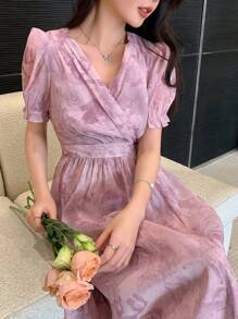 DAZY Đầm suông tay ngắn họa tiết hoa cho nữ - Màu tím hoa cà - Xem 7