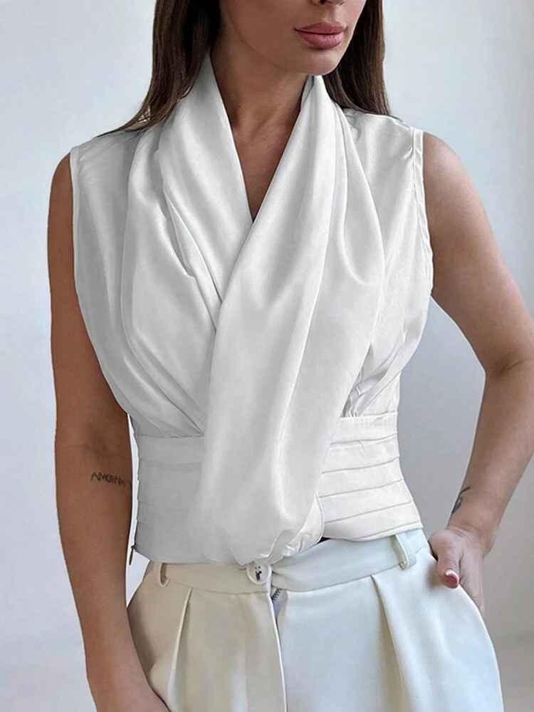 Sleeveless Deep V Neck Structured Waist Shirt For Commute And Street, For Women