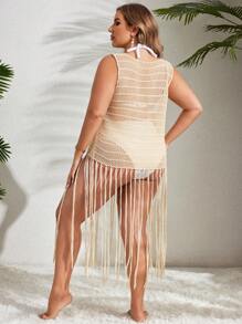 SHEIN Swim Curve Plus Size Women's Hollow Out Solid Color Front Tie Tassel Hem Sleeveless Kimono For Vacation,Summer Beach - Apricot - View 2