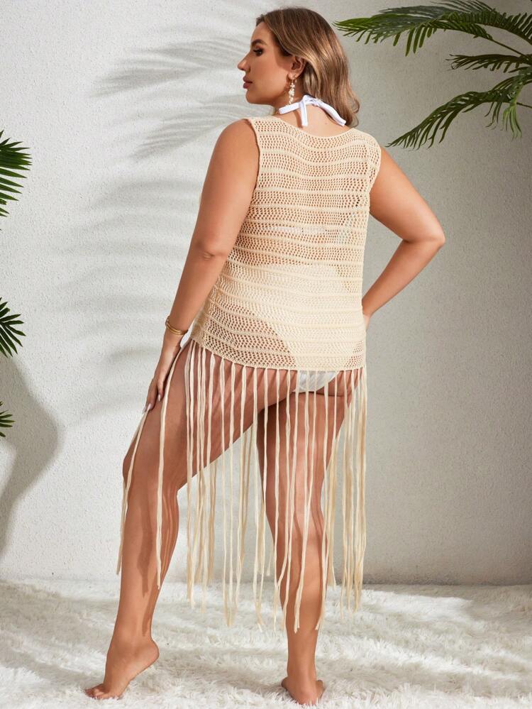 Plus Size Women's Hollow Out Solid Color Front Tie Tassel Hem Sleeveless Kimono For Vacation,Summer Beach