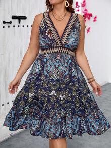 SHEIN VCAY Große Größen Blumiges Muster Allover Tiefes V-Ausschnitt Rüschenhemd ärmelloses Sommer Freizeitkleid - Verschiedenfarbig - Übersicht 4