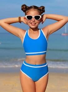 青少年女孩对比色边饰泳衣套装，含比基尼套装和游泳短裤，夏季海滩 - 藍色 - 查看 6