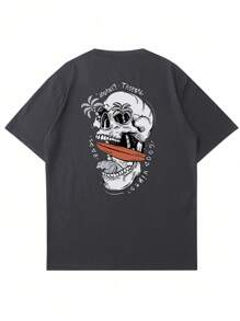 Men's Letter & Skull Graphic Round Neck Short Sleeve Casual T-Shirt, Summer, For Halloween