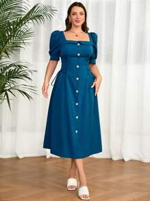 Mulvari Vestido de fiesta de talla grande con mangas abullonadas, escote cuadrado, botón de una sola  y correas para ajustar - Azul - Ver 3
