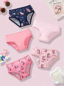 SHEIN Young Girl 5pcs/Set Unicorn Printed Knitted Comfortable Triangle Panties - Baby Pink - View 2