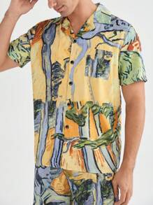 Men's Summer Random Print Short Sleeve Shorts Home Wear Set - Yellow - View 7