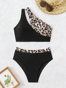 SHEIN Swim 女士不對稱領口豹紋露肩上衣和對比色底部比基尼套裝，適用於夏季沙灘泳池派對 - 彩色 - 查看 5