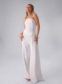 MUSERA Mono de pierna ancha con drapeado tejido, elegante para graduación, baile de graduación, invitado de boda, verano, primavera, fiesta de boda, casual - Blanco - Ver 1