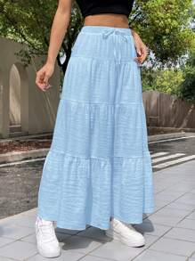 SHEIN EZwear 夏季淺藍色編織女式荷邊裙 - 淺藍色 - 查看 4